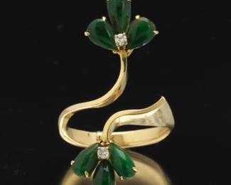 Ladies Gold, Spinach Jade and Diamond Bypass Ring 