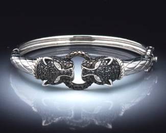 Ladies Cartier Style Sterling Silver, Black and White Diamond Panther Heads Bangle