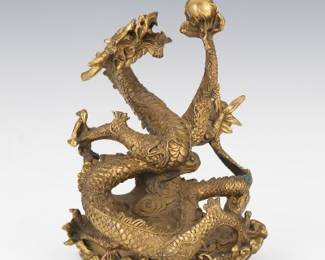Chinese Patinated Bronze Dragon with Flaming Pearl of Wisdom