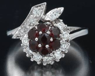Ladies Gold, Diamond and Garnet Floral Ring 