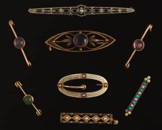 Collection of Eight Victorian Gold, Gems and Seed Pearls Bar Pins 