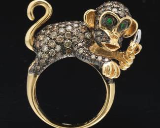 Ladies Exquisite Gold, Diamond and Tsavorite Monkey Ring 
