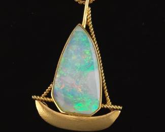 Ladies Balestra Italian Gold and Australian Opal Sail Boat Pendant on Chain 