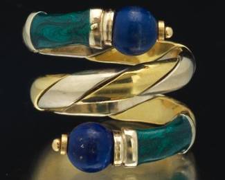 Ladies Eurocatene Italian Gold, Lapis Lazuli and Enamel Flex Bypass Ring 