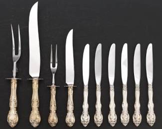 A Group of Sterling Silver Handled Carving Sets and Six Dinner Knives 