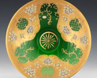 Bohemian Vintage Emerald Art Glass, Gold and Enamels Centrepiece Bowl 