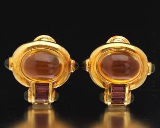 A Pair of 18k Gold, Citrine, and Tourmaline Earrings 
