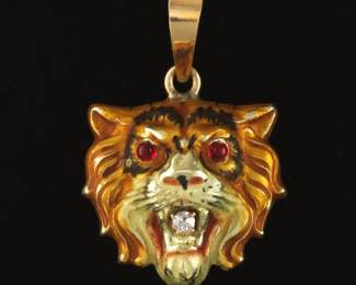 Antique Gold, Enamel, Diamond and Ruby Tiger Pendant, ca. 1900 