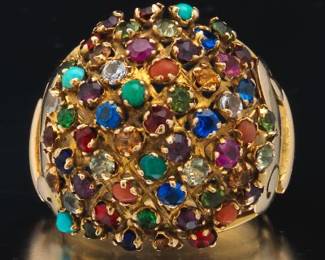 Ladies Egyptian Gold and Gems Large Dome TuttiFrutti Fashion Ring 