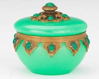 Antique Opaline Green Chrysoprase Glass and Patinated Bejewelled Vanity Lidded Jar