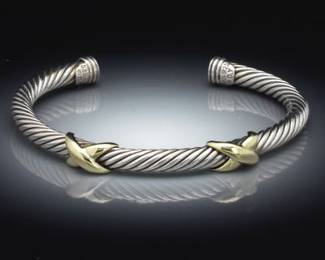 David Yurman Gold and Sterling Silver Double X Design Flex Bangle 