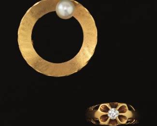 Ladies Gold and Diamond Ring, and Gold and Pearl Pin brooch 
