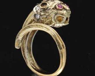 Ilias Lalaunis Vintage Gold, Diamond and Ruby Lion Head Bypass Ring 