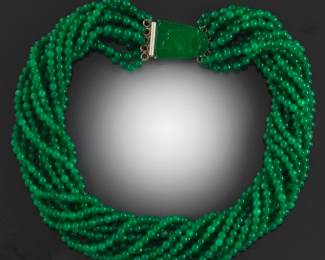 Carved Jadeite Clasp on Green Quartz Torsade Necklace 