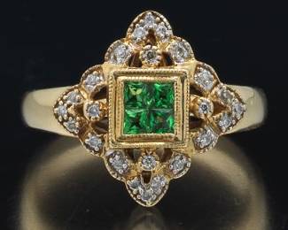 Ladies Gold, Tsavorite Garnet and Diamond Ring 
