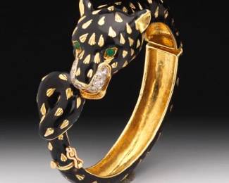 David Webb Style Stunning Gold, Diamond, Enamel and Emerald Panther Bangle 