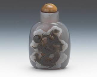 Chinese Carved Grey Black Agate Dragon Snuff Bottle with Carved Jade Stopper