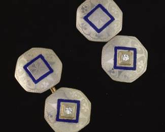 Art Deco Pair of Platinum, Gold, Enamel and Diamond Cufflinks 