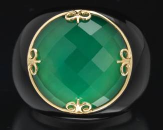 Ladies Gold, Black Onyx and Faceted Green Chalcedony Fashion Ring 