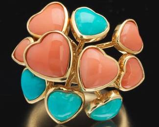 Ladies Gold, Angel Skin Coral and Turquoise Hearts Cluster Ring 