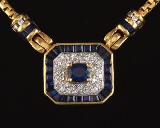 Ladies Gold, Blue Sapphire and Diamond Necklace 