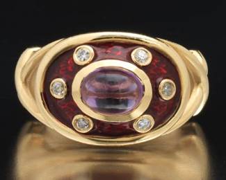 Ladies Elizabeth Gage Style Gold, Amethyst, Diamond and Enamel Ring 