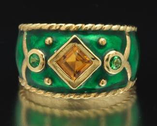 Ladies Gold, Amber cities, Tsavorite and Enamel Band 