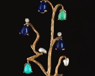 A FreeForm Brooch set with Lapis Lazuli, Turquoise, Pearls and Diamonds