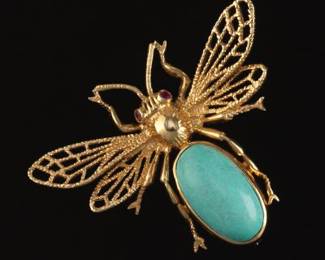 Ladies Gold, Turquoise and Ruby Queen Bee Pin Brooch 