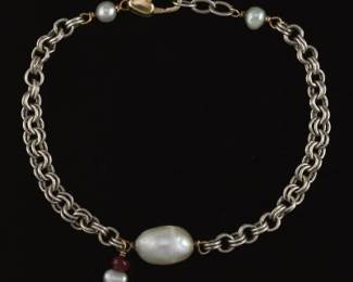 Ladies Gold, Sterling Silver, Baroque Pearl and Ruby Fashion Bracelet 