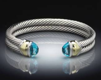 David Yurman Gold, Sterling and Blue Topaz Double Twisted Cord Bangle 