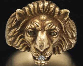 Gentlemens Baum F Vintage Gold and Diamond Lion Head Ring 