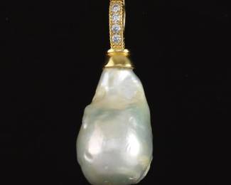 Ladies Large Baroque Pearl in Gold Tone and Clear Stones Bale Pendant 
