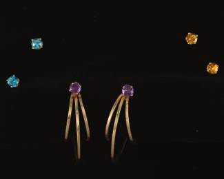 Ladies Interchangeable Three Pairs of Gold, Citrine, Blue Topaz and Amethyst Earrings 