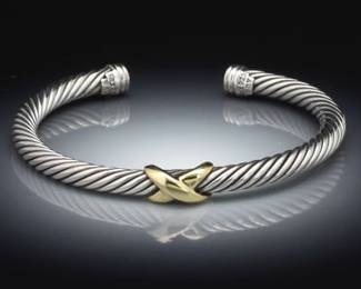 David Yurman Gold and Sterling Silver X Design Twisted Cord Bangle 