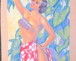 NUDE PIN-UP MODEL CHALK PRINT FLOCKED PAPER 20"X26