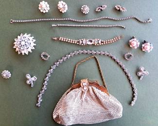 WHITING DAVIS PURSE & RHINESTONE JEWELRY LOT
