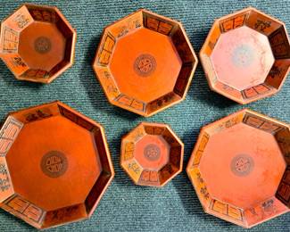 STACKABLE KOREAN ASIAN WOOD BOWLS SIGNED