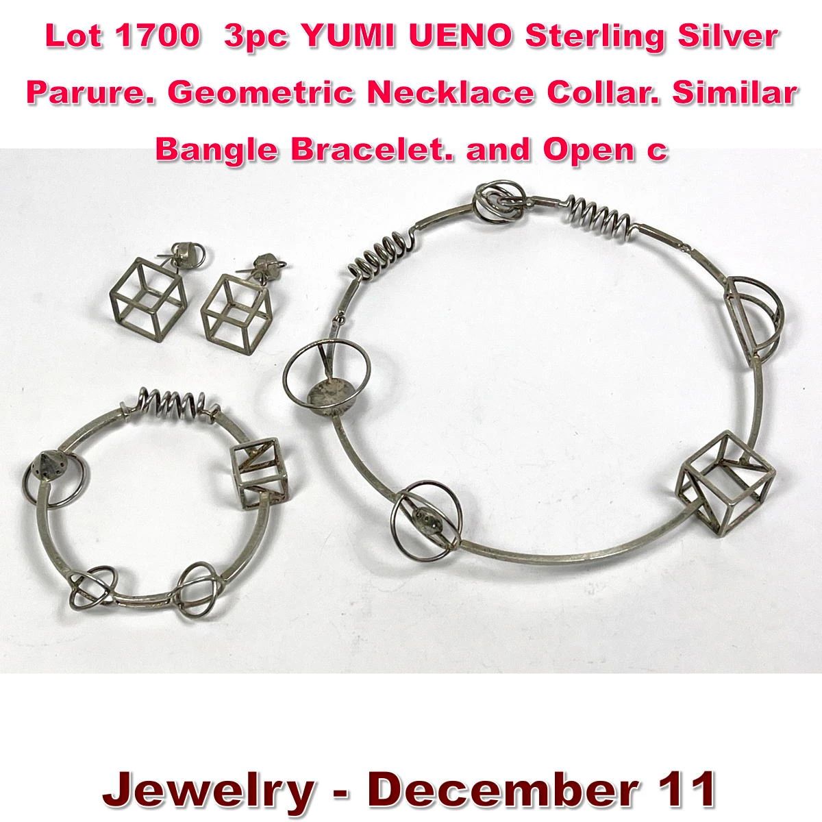 Lot 1700 3pc YUMI UENO Sterling Silver Parure. Geometric Necklace Collar. Similar Bangle Bracelet. and Open c
