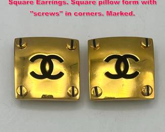 Lot 1908 Pr large CHANEL Double CC Logo Square Earrings. Square pillow form with screws in corners. Marked.