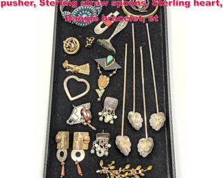 Lot 1915 Mixed Lot. Jewelry, Sterling pea pusher, Sterling straw spoons, Sterling heart, Bangle bracelet, et