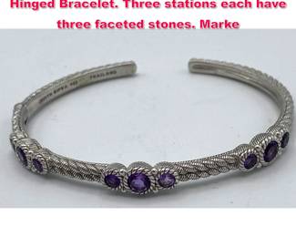 Lot 1949 JUDITH RIPKA Sterling Amethyst Hinged Bracelet. Three stations each have three faceted stones. Marke