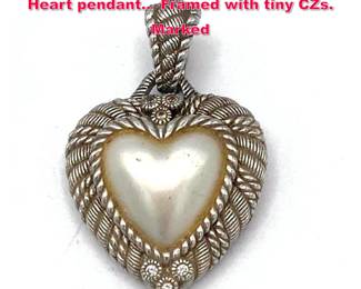 Lot 2030 JUDITH RIPKA Sterling Pearlized Heart pendant.. Framed with tiny CZs. Marked