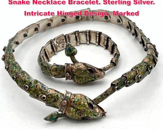 Lot 1740 2pc MARGOT of TAXCO Enamel Snake Necklace Bracelet. Sterling Silver. Intricate Hinged Design. Marked
