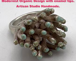 Lot 1813 Sterling Silver Brutalist Ring. Modernist Organic Design with enamel tips. Artisan Studio Handmade. 