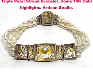 Lot 1730 ANNE BESSE SHEPHERD Sterling Triple Pearl Strand Bracelet. Some 14K Gold highlights. Artisan Studio.
