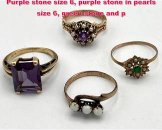 Lot 1850 4, 14K gold rings with stones. Purple stone size 6, purple stone in pearls size 6, green stone and p