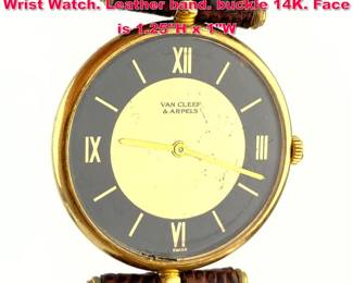 Lot 1827 VAN CLEEF and ARPELS 14K Gold Wrist Watch. Leather band. buckle 14K. Face is 1.25H x 1W