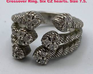 Lot 1971 JUDITH RIPKA Sterling Silver Crossover Ring. Six CZ hearts. Size 7.5.