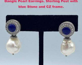 Lot 2023 Pair JUDITH RIPKA Sterling Silver Dangle Pearl Earrings. Sterling Post with blue Stone and CZ frame.